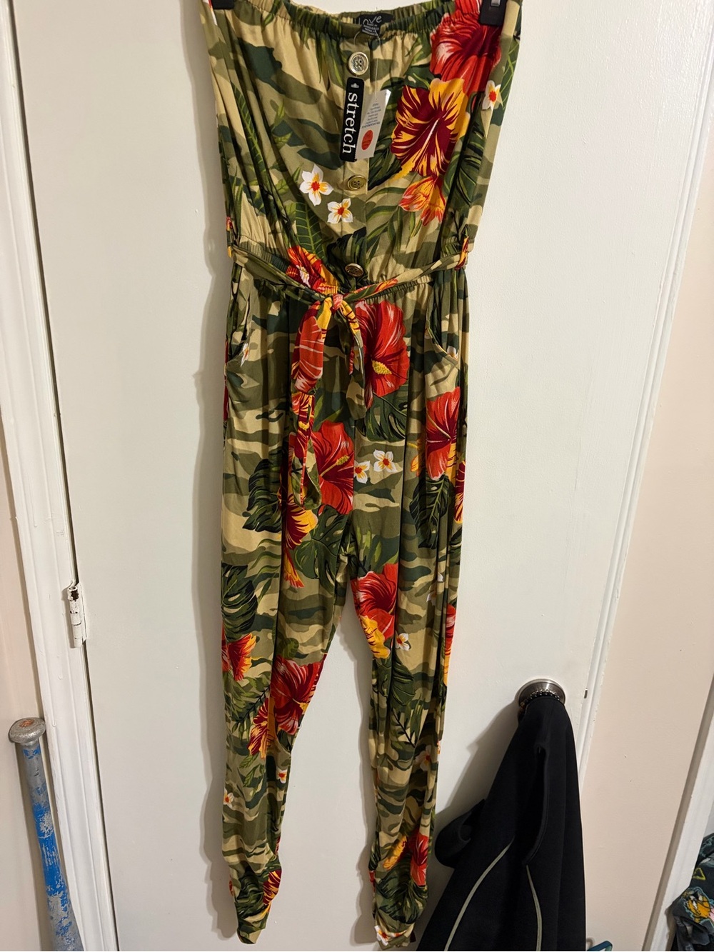 Love Floral Camo Jumpsuit in Olive, Red & Yellow - Picture 4 of 5